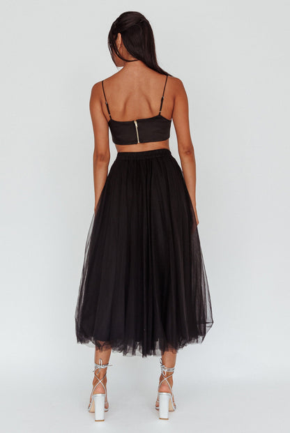Jasmine Organza Mesh Elasticated Waist Midi Skirt Black