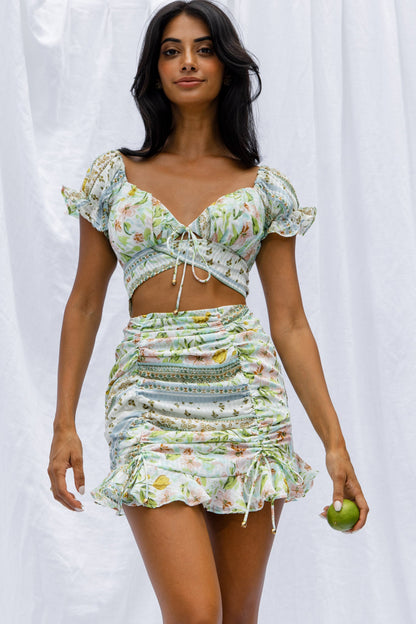 Azure Sky Ruched Mini Skirt Printed Green
