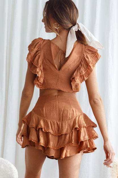 Wild And Free Pintuck Pleat And Layered Ruffle Shorts Tan