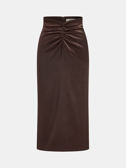 Mock Neck Top and Ruched Satin Skirt Set