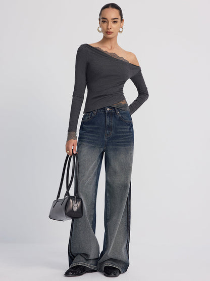 Off-Shoulder Lace-Trim Long-Sleeve Top