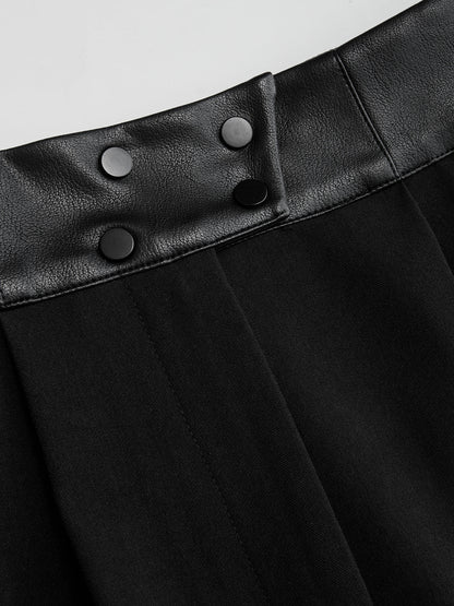 Faux Leather-Trim Wide-Leg Pants