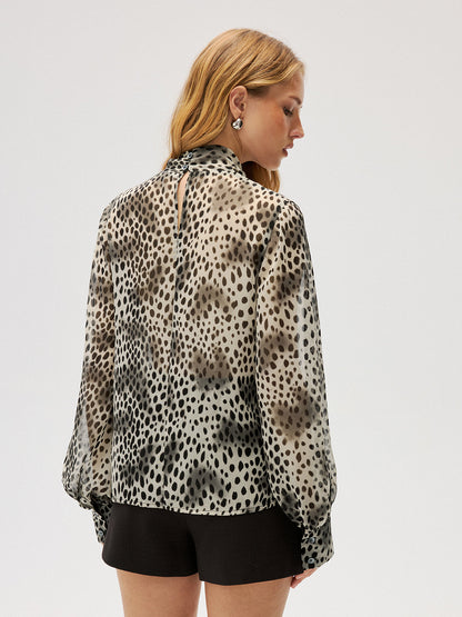 Semi-Sheer Chiffon Leopard Print Tie Neck Shirt