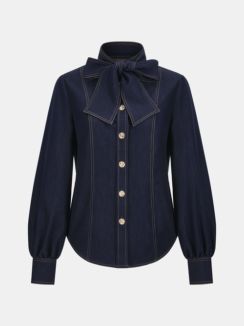 Bow Neck Denim Shirt
