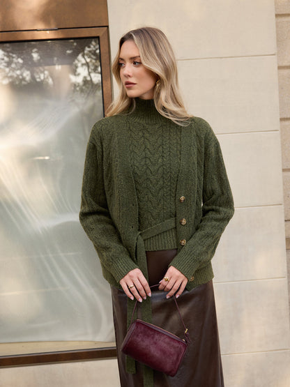Turtleneck Cable Knit Top & Cardigan Two-Piece Set