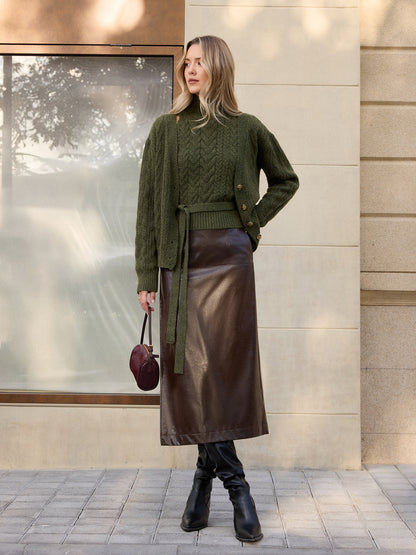 Turtleneck Cable Knit Top & Cardigan Two-Piece Set