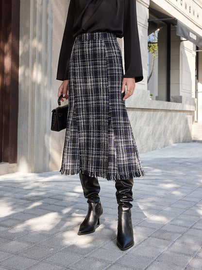 Tweed Plaid Fringe Midi Skirt