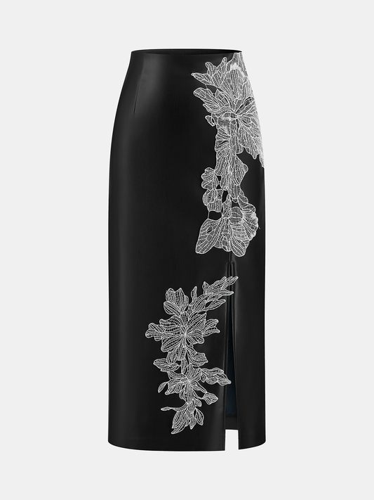 Floral Embroidered Slit PU Midi Skirt