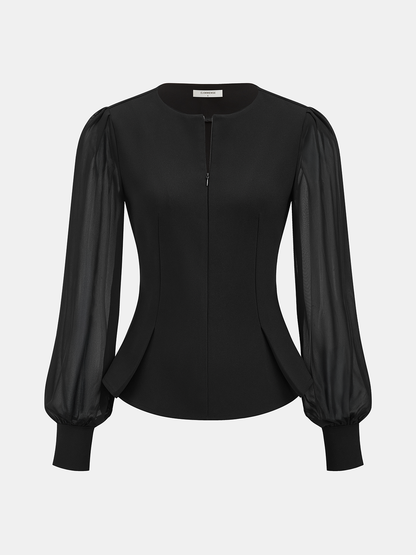 Sheer Sleeve Peplum Zipper Keyhole Neck Blouse