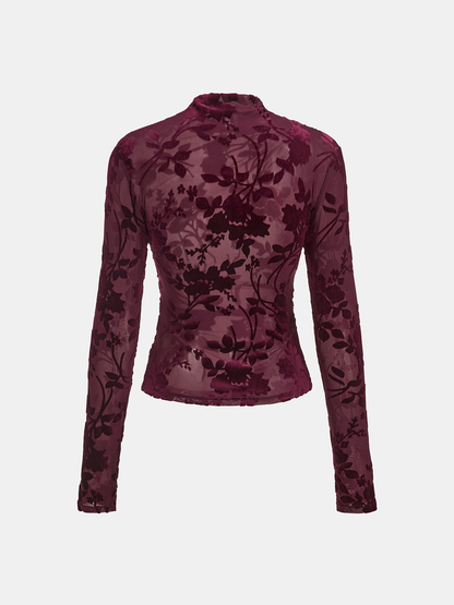 Velvet Floral Mesh Mock Neck Top