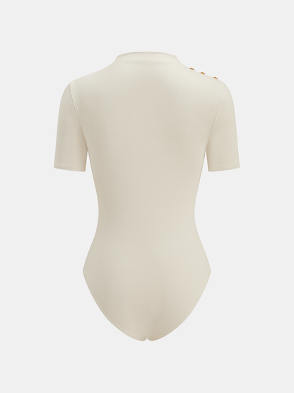 Metal Detail Mock Neck Ruched Bodysuit