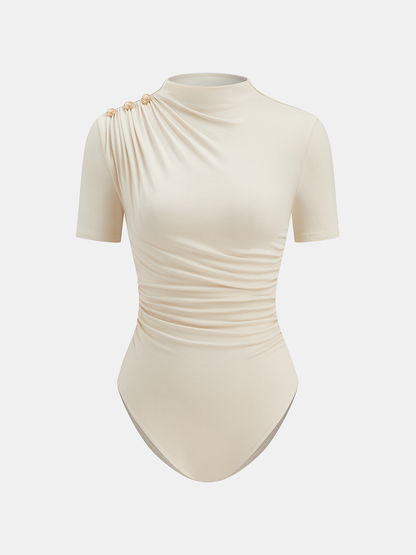 Metal Detail Mock Neck Ruched Bodysuit