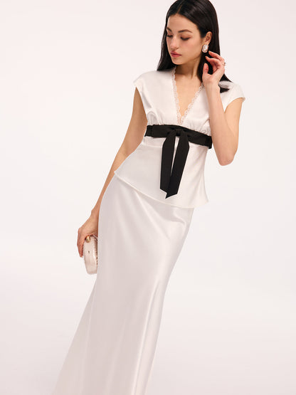 Satin Lace Trim Bow Top & Maxi Skirt Set