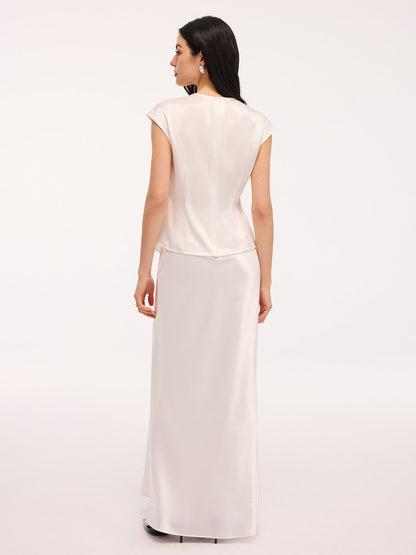Satin Lace Trim Bow Top & Maxi Skirt Set