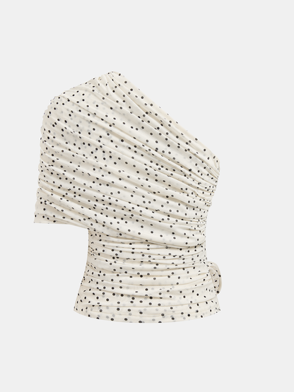 Polka Dot 3D Flower One Shoulder Top