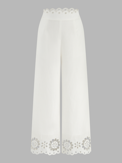 Scalloped Eyelet Linen Blend Wide Leg Pants