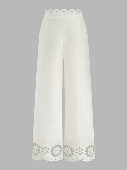 Scalloped Eyelet Linen Blend Wide Leg Pants