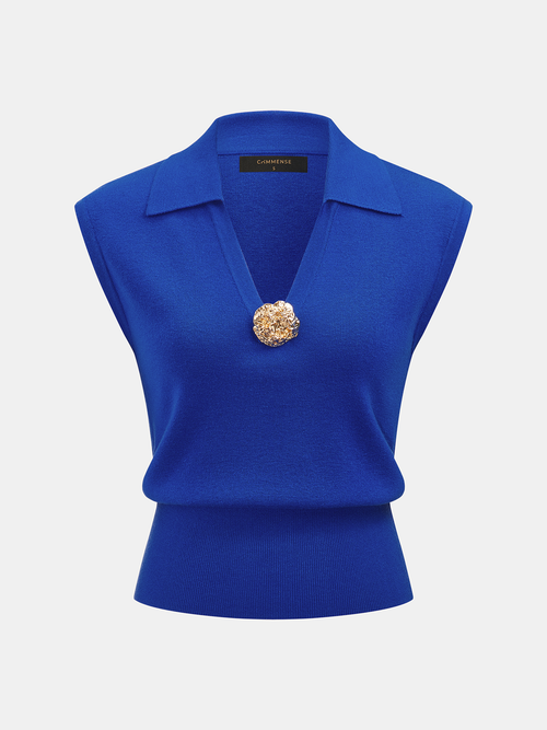Wool Blend Collared Decorative Knit Vest