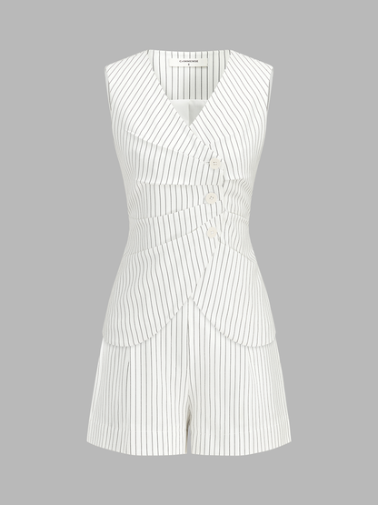 Pinstripe Asymmetric Button Vest & Shorts Set