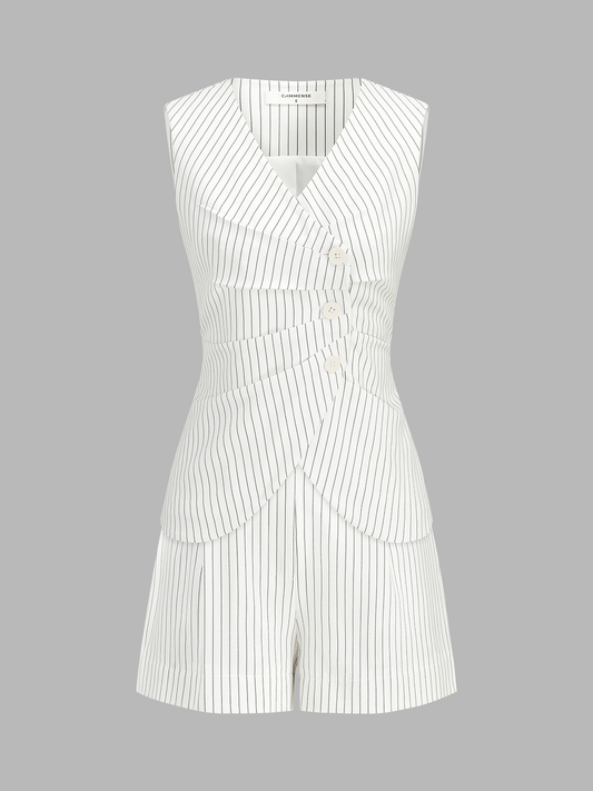 Pinstripe Asymmetric Button Vest & Shorts Set