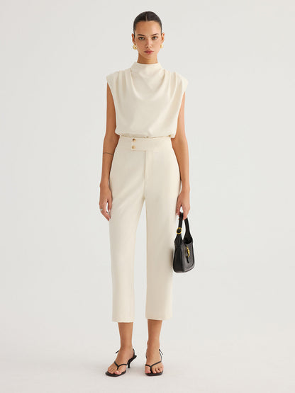 Metal Button Straight-Leg Cropped Pants