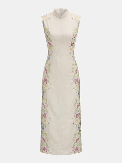 Floral Embroidered Cotton Linen Sleeveless Dress