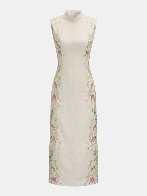 Floral Embroidered Cotton Linen Sleeveless Dress