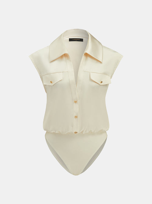 Satin Sleeveless Metal Button Shirt Bodysuit