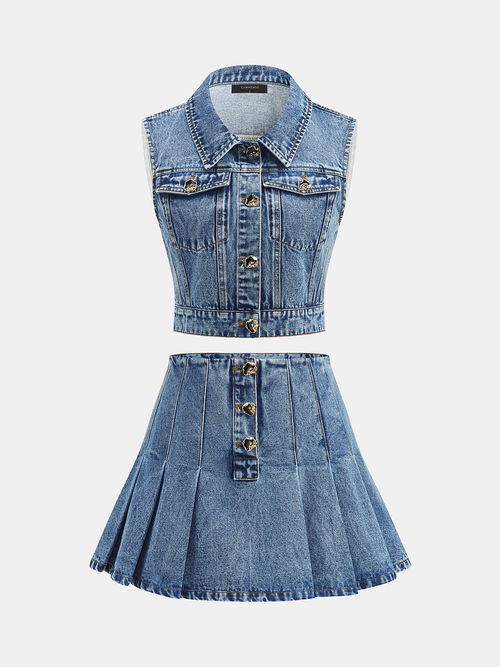 Denim Crop Vest & Pleated Mini Skirt Set