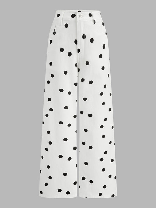 Polka Dot Wide Leg Denim Pants