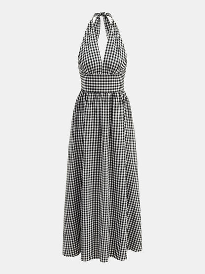 Gingham Deep V Halter Cotton Midi Dress
