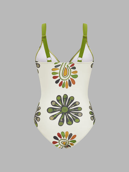 Paisley Print One Piece Swimsuit & Sarong Set