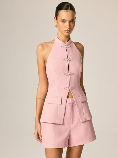 Frog Button Halter Textured Vest & Shorts Set