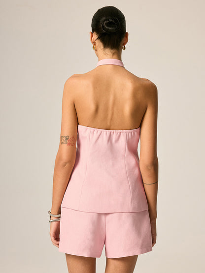 Frog Button Halter Textured Vest & Shorts Set