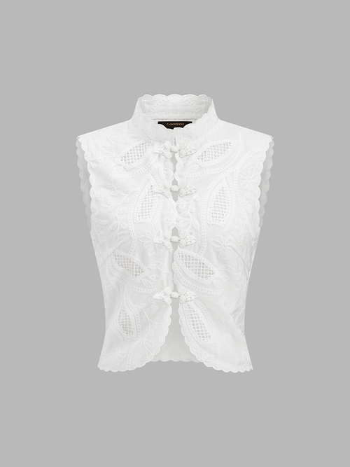 Frog Button Eyelet Embroidered Sleeveless Top