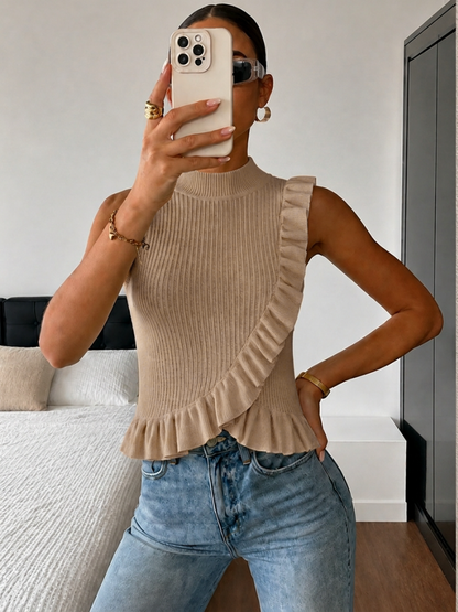 Ribbed High Neck Ruffle Sleeveless Top