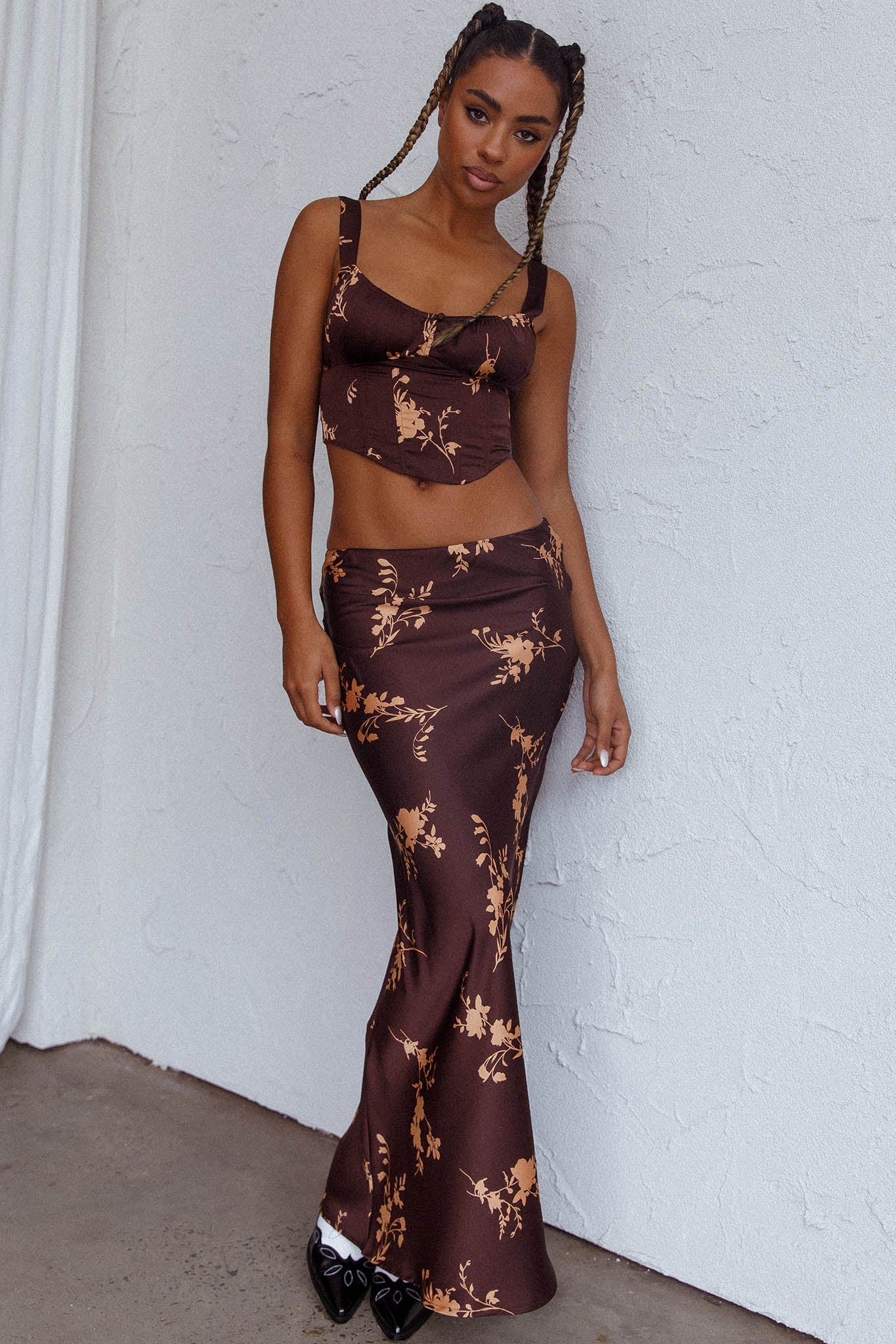 Hara Slip Midi Skirt Floral Brown