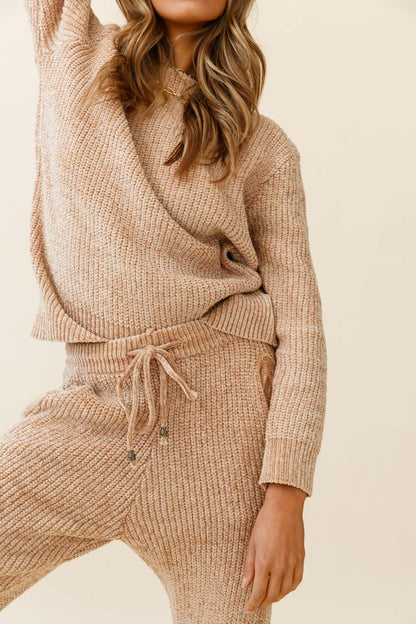 Robin Cuffed Hem Drawstring Ribbed Knit Pants Tan